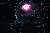 data being fed into a human head with an unhappy heart inside the head