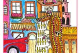 Drawing of a Mexico street scene with two rabbits wearing a sombrero and a long jacket filled with Rolex watches. Drawing by author