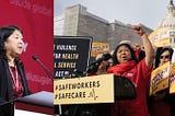 Collage with two photos: on left is Filipina woman standing behind microphone in front of red wall, on right is Filipina woman standing in front of Capitol building in Washington, DC wearing red top and scarf holding fist in air surrounded by other people. Sign in front of her says #safeworkers #safecare.