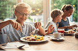 Ten year old boy sitting at the breakfast table in a modified chair with his brother and mother, happily eating with the family while also getting his sensory needs met in the chair that allows him to move.