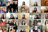 Zoom grid of 25 people cheering at the virtual launch celebration for Techtonica’s 2023 H1 cohort