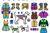 colored line drawings of lots of pieces of dog clothing