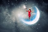 Woman in red dress stands in crescent moon, in stars