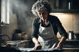 A middle-aged woman with short, grey curly hair in the kitchen.