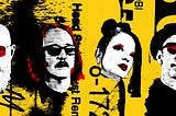 Cut out faces of each member of the band, Garbage, rendered in a style of Andy Warhol