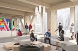 Architectural rendering shows the interior of an airy, wood-filled office space. People walk, sit, and talk on couches.