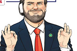 Cartoon image of J.D. Vance with a bandage on his ear and holding up both hands in a “white power” sign.