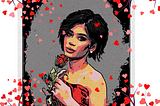 Illustration of a young woman clad in a red strapless dress against a grey background holding a red rose with red and pink hearts floating down around her.