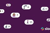 Purple background with 8 accessibility emojis; Person With White Cane, Ear With Hearing Aid, Guide Dog With Harness, Deaf Sign, Person in Mechanized Wheelchair, Wheelchair, Mechanical or Prosthetic Arm and Leg and Slack logo.