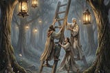 men holding a ladder in the dark forest surrounded by lanterns