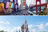 A collage showing empty tourist attractions in major US cities like Times Square, Golden Gate Bridge, and Disney World with fewer crowds than usual