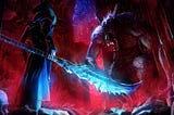 Image: A hooded figure stands with their back to us and a blue-glowing glaive in their hand. They face off against a huge, snarling werewolf.