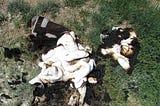 Pile of burnt towels in yard