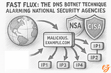 A black-and-white pencil sketch illustrating the fast flux DNS botnet technique, with a rotating pool of IP addresses linked to a malicious domain and shields symbolizing NSA and CISA.