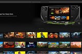 The default home screen in the GeForce Now app, showing a featured ad block at the top and a list of currently available games in a grid on the bottom half.