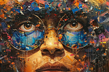 a stunning example of mixed-media portraiture, rich with texture and color. It depicts a person with an intense gaze, the eyes being a central focal point, magnified by round glasses. The face is detailed with realistic features, but there’s a creative explosion of abstract elements, colors, and patterns that seem to burst forth from the mind, suggesting a vivid imagination or a world of thoughts and ideas. This complexity could symbolize the multifaceted nature of human thought and creativity.