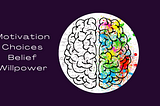 Image with two brain halves. Words are shown next to the brain: Motivation, Choices, Belief, Willpower. One brain is black and white; the other one is colored.