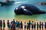 A bloated black object had washed ashore on a beach. It looks like an elephant. A crowd of people had gathered on the shore, looking at the object.