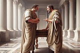 two Roman senators, toga-clad, talking in a marbled building