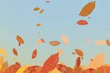 An illustration of autumn leaves blowing against a blue sky by Adam Westbrook
