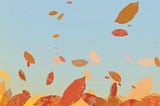 An illustration of autumn leaves blowing against a blue sky by Adam Westbrook