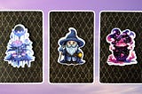 Three tarot pick a cards piles: pile 1 — flowers, pile 2 — wizard, and pile 3 — cauldron