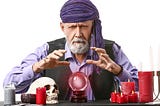 Fortune teller guy with purple shirts and a purple turban.