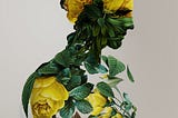3D flora and fauna portrait. Yellow and green on Ivory background.