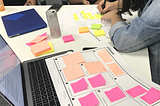 Student writing on sticky notes and completing a framework, while in front of a laptop