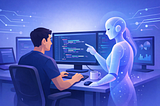 Software engineer coding with a holographic AI assistant at a multi-monitor workstation.
