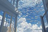 Scene outside a huge picture window: An aquarium in the sky.
