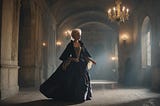 Image shows the look-alike of Marie Antoinette in a glamorous ball gown, in a darkish hallway.
