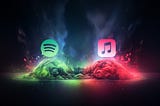 Spotify and Apple Music logos above swirling colored clouds