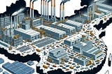 IMAGE: A map of China with automotive, battery, and solar panel factories, each with smokestacks emitting a significant amount of smoke, capturing a busy industrial scene