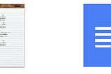 Two icons depicting a note or document. The left icon is visually skeuomorphic, trying to look like a physical notepad. The right icon uses “flat” design and does not attempt to mimic the look of paper or binding.