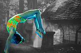 girl of color doing a back handspring in front of a black and white ghost photo