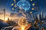 IMAGE: A glowing AI brain rises from structured data blocks in a human hand, over a connected map of Europe with industry, renewable energy, and digital infrastructure