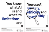 Posters created by GDS from the new AI Playbook for Government. ‘You know what AI is and whats its limitations are’ & ‘You use AI lawfully, ethically and responsibly’.
