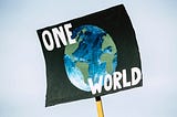 A protest sign showing the planet earth and the words One World.