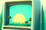 retro flat computer with in forest, dead climate on screen, sun, smooth 3d render background light green