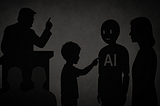 Silhouetted illustration of a child pointing at a humanoid figure labeled “AI,” while a political figure at a podium gestures forcefully. A woman stands nearby watching, and shadowy audience members sit in the foreground, evoking themes of power, surveillance, and authority shaping education.