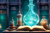 Image of library and magical potion bottle generated with the assistance of Night Café AI and Canva exclusively for Cheryl Evans, title image “The Library at the Business Witch Academy”