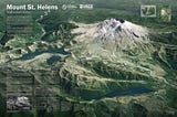 3D Map made from an oblique view of the North Face of Mount St. Helens. The upper slopes of the mountain are gray, still bare of vegetation, with a growing glacier surrounding the lava dome in the center of the summit crater. Green vegetation surrounds the mountain, even in the blast zone (at least at lower elevations).