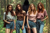 Four beautiful friends pose for a photo with a hooden figure looming behind them.