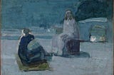 Jesus and Nicodemus sitting on a house roof at night, talking.