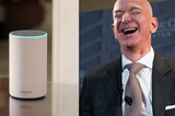 CEO Jeff Bezos next to an Amazon Alexa speaker