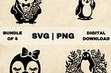 Penguin SVG Bundle, Cute Penguins Clipart, Hand Drawn Floral Animal Themed Vector Illustration, SVG Files For Laser Engraving & Craft