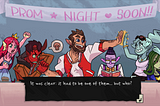 Screenshot from Monster Prom. All six love interests, and the caption: “It was clear: it had to be one of them… but who?”