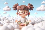 Young girl with glasses in a meditating position among the stars.