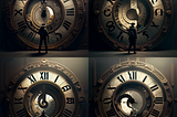 An Image of four men standing in front of a giant clock showing them how much time they have lived for and how much time they have left to live.